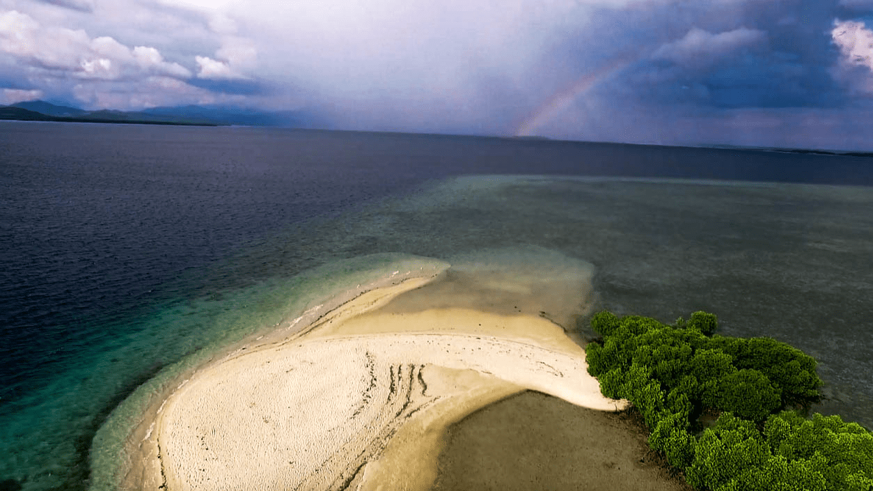 starfish island in honda bay puerto princesa palawan with rainbow seen from drone image